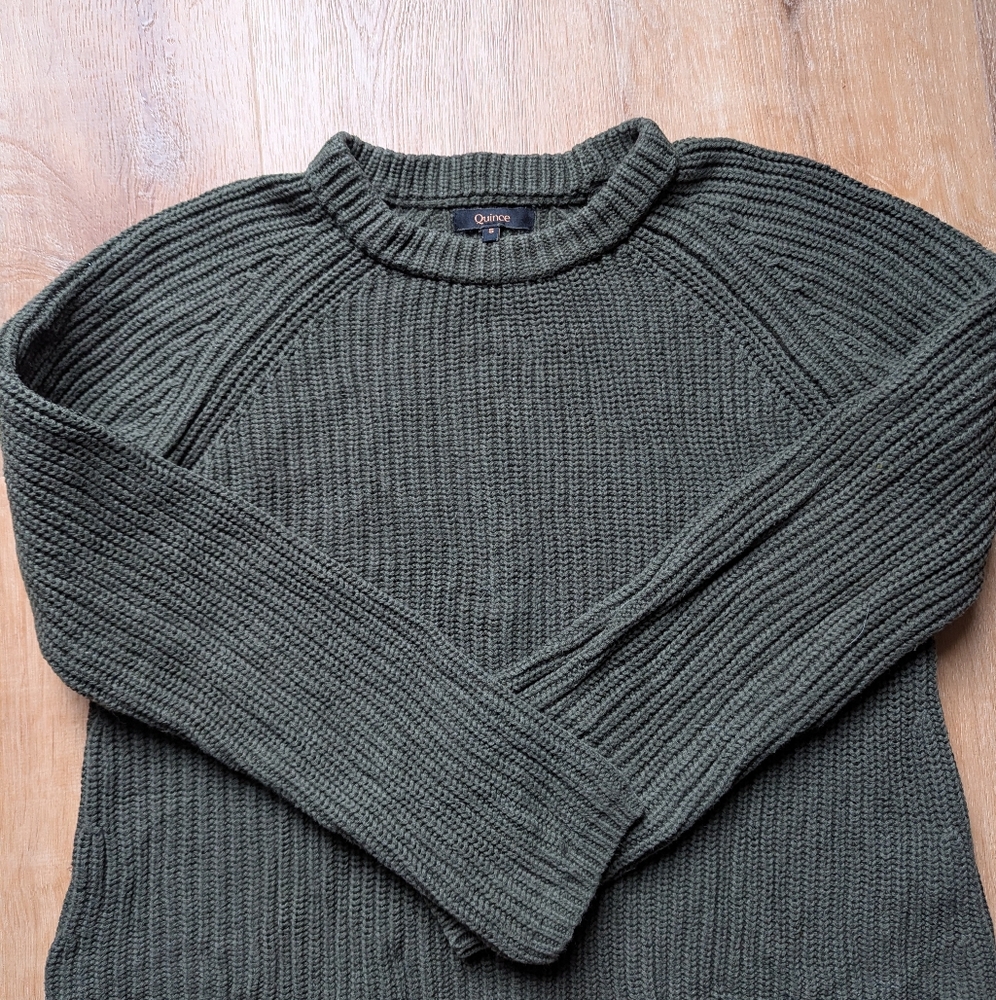Quince 100% Organic Cotton Fisherman Crew Neck Sweater Dark Green